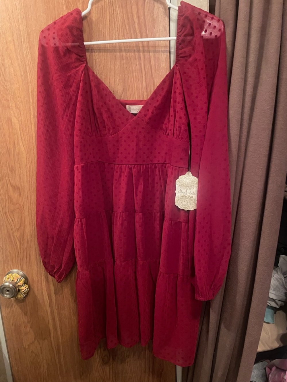 Altar'd State Burgundy Swiss Dot Tiered Long Sleeve Dress